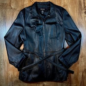 Y2K New York & Company Black Leather Belted Coat / Jacket Women’s Size XL